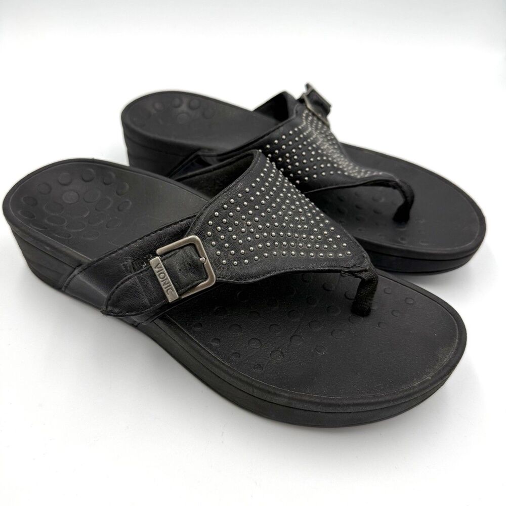 Vionic Capitola Crystal Sandals Womens Fits 7.5 Black Leather Studded Thong